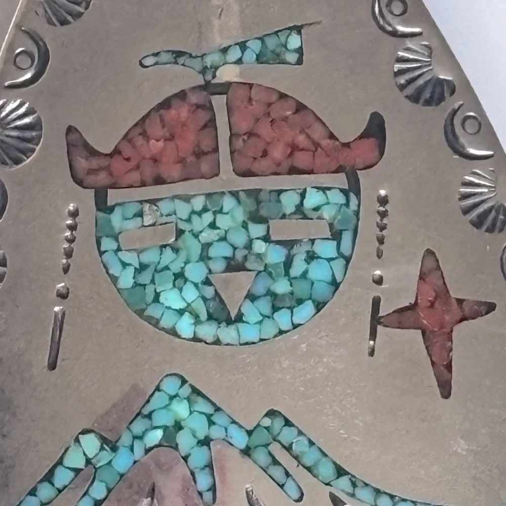 Tommy Singer Sterling Silver Turquoise & Coral‎ Chip Inlay Brooch/ Pendant
